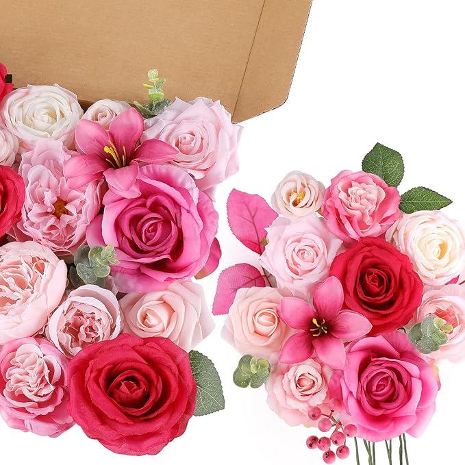 AmyHomie Fuchsia Pink Artificial Flowers Combo Silk Mix Peony Rose Fake Flowers - Image 7