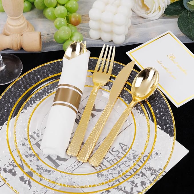 50Guests Pre Rolled Gold Plastic Silverware Sets - Image 6