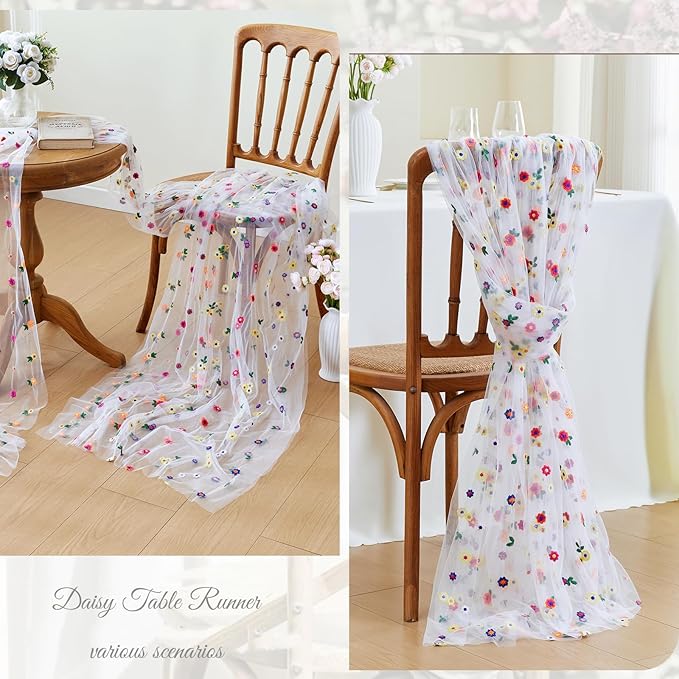 JIALE 3 Pack Ivory Floral Table Runner, Embroidery Daisy Seasonal Table - Image 6