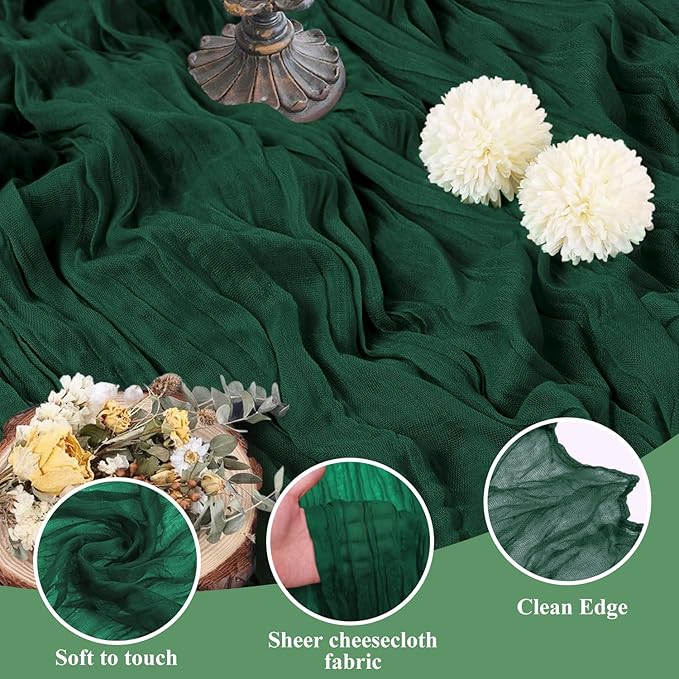Asee'm 2PCS Table Runner Cheesecloth 10FT Emerald Green Boho Gauze Fabric - Image 3