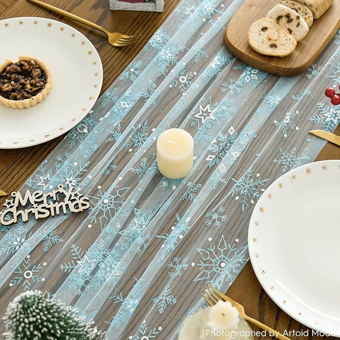 Artoid Mode Blue Snowflakes Christmas Gauze Table Runner 120 Inch 10FT - Image 4