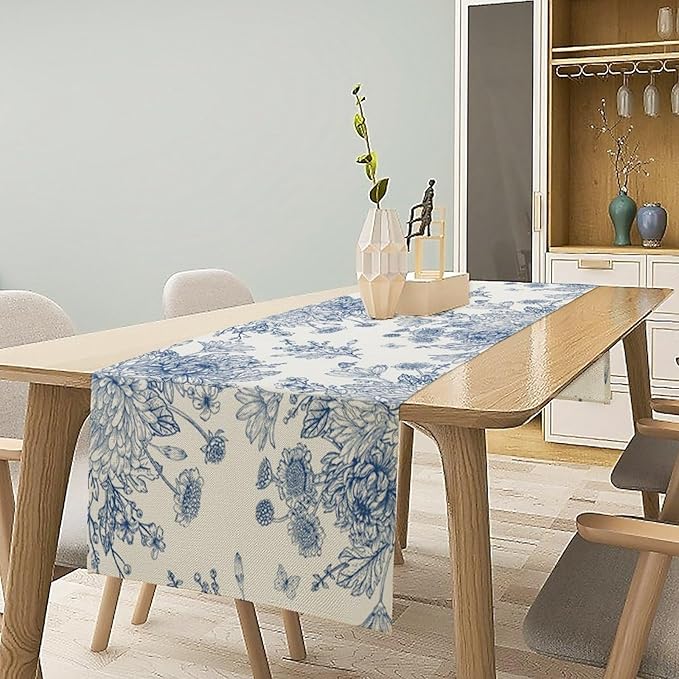 Chinoiserie Flower Table Runner, Seasonal Spring Fall Plants Blue Florals - Image 2