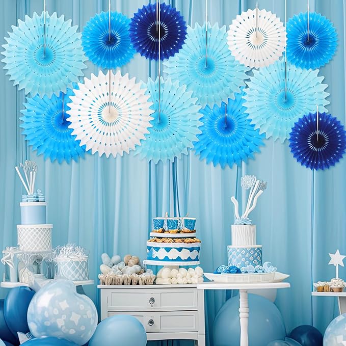 Outus 12 Pcs Hanging Honeycomb Paper Fans Sets, Fiesta Blue and White Party - Image 4