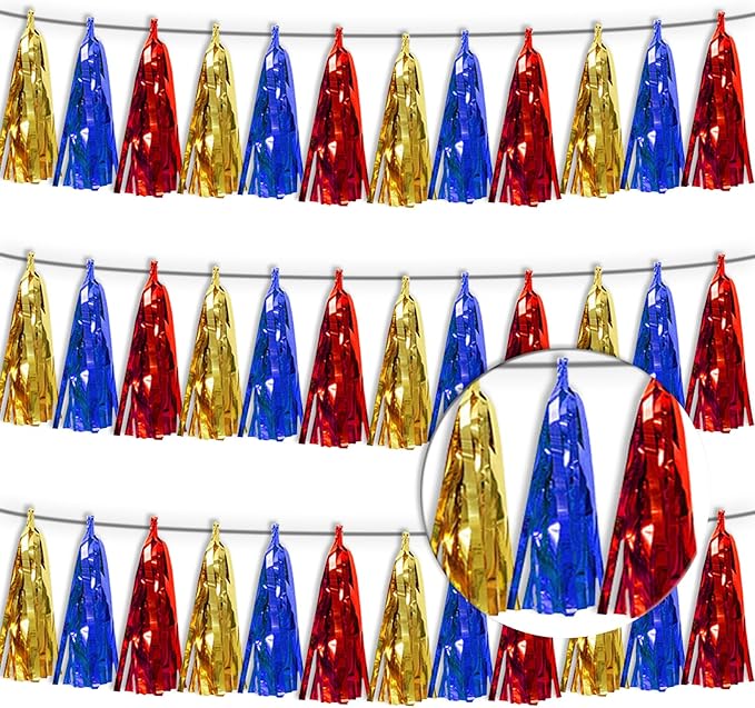 3P Gold Blue Red Foil Fringe Tassel Banner Metallic Tinsel Streamer Garland by Xuuf