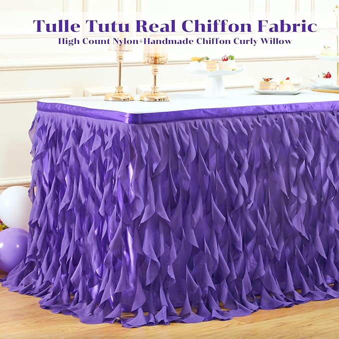 Partisky Mermaid Purple Tulle Curly Willow Table Skirt - Image 4