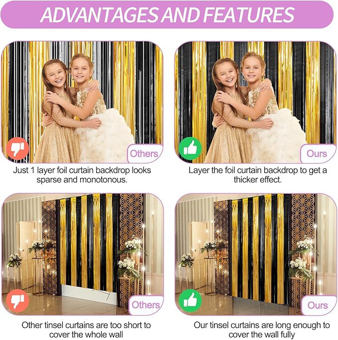 Crosize 2 Pack 3.3 x 9.9 ft Gold and Black Foil Fringe Curtains Party - Image 3
