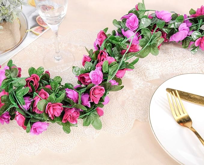 Miracliy 9Pcs 74FT Purple Flower Garland Artificial Rose Arch Vines Fake Spring - Image 5