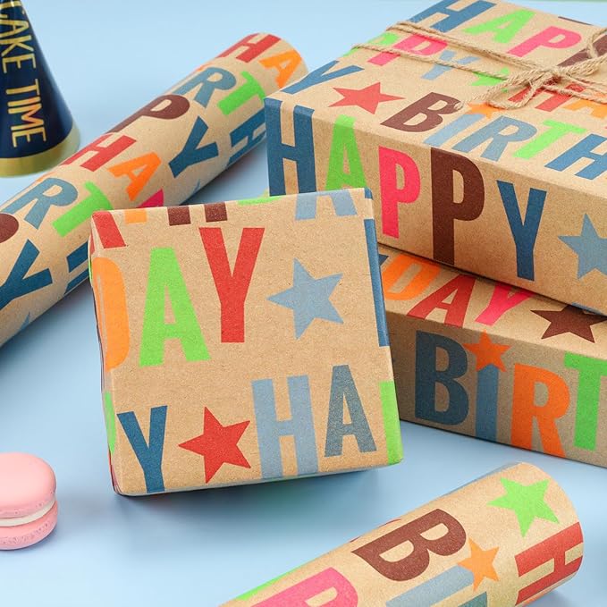 LaRibbons Birthday Wrapping Paper Jumbo 24 Inch x 417 Feet Half Ream Kraft Gift - Image 6