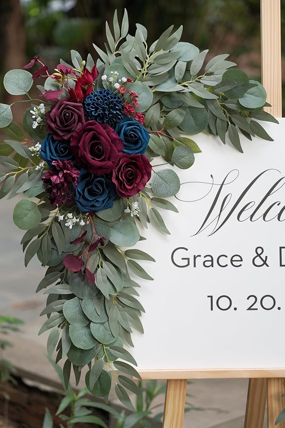 Navy and Burgundy Flower for Wedding Welcome Signs Decorations, Artificial - Image 4