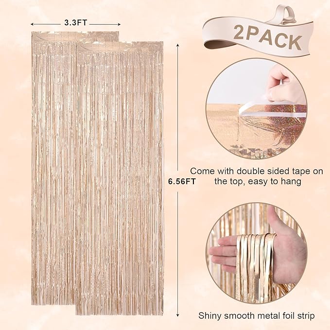 2 Pack Champagne Gold Tinsel Foil Fringe Curtains, Champagne Party Decorations - Image 3