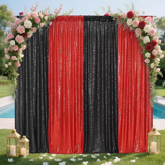 Eternal Beauty Black and Red Backdrop 4 PCS-2x8 Ft Sequin Curtain Panels - Image 4