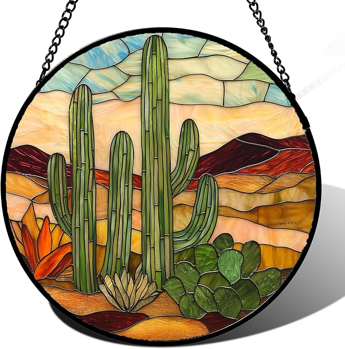 Stained Glass Window Hanging, Abstract Desert Landscape Suncatcher Birthday by JOSUMALY