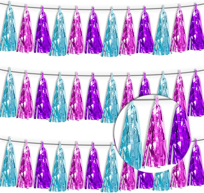 3P Lake Blue Purple-Hot Pink Metallic Fringe Tassel Banner Garland Foil Tinsel by Xuuf