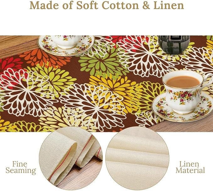 Brown Dahlia Floral Table Runner, Seasonal Autumn Thanksgiving Pattern Print - Image 7
