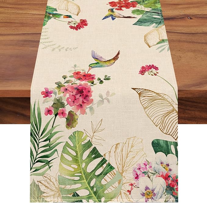 Seliem Summer Tropical Hummingbird Palm Leaf Greenery Table Runner, Spring by Seliem