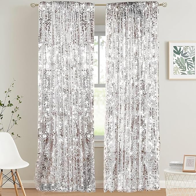 HH 9x9FT Big Silver Sequin Backdrop Curtains, Shimmer Sequin Fabric Photography by Unknown