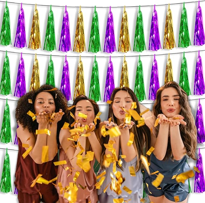 4P Gold Green Purple Foil Fringe Tassel Banner Garland Metallic Tinsel - Image 6