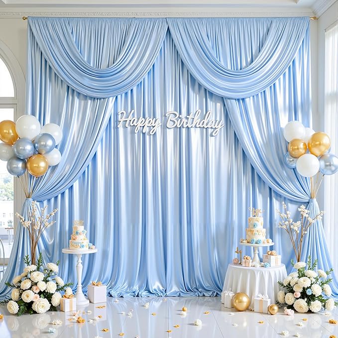 Blue Satin Backdrop Curtains 2 Panels - Image 3