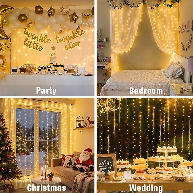 JMEXSUSS 300 LED Remote Control Christmas Curtain Lights, Plug in Fairy Curtain - Image 3