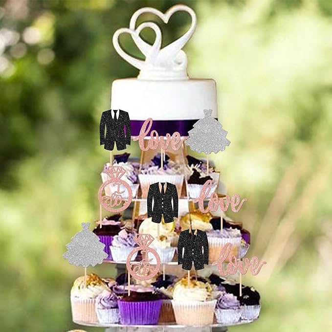24 PCS Groom and Bride Cupcake Toppers Glitter Ring Love I Do Cupcake Picks - Image 4