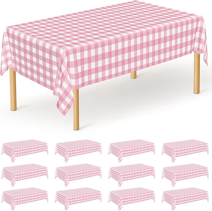 12Pack Table Cloth Rectangle Table, Waterproof Pink and White Checkered Table by QZYL