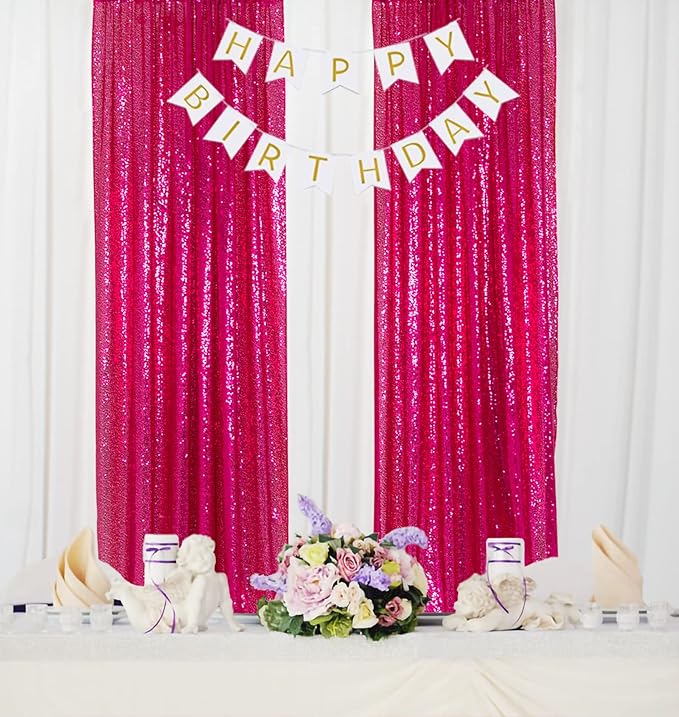 ShinyBeauty Sequin Curtains Panels Hot Pink Sequin Backdrops 4 Pieces Photo - Image 3