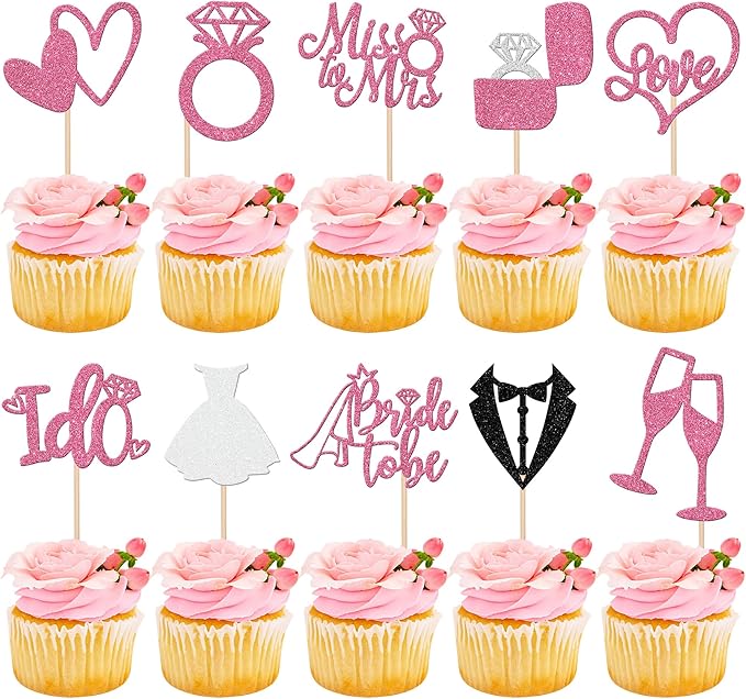 30 PCS Bride to Be Cupcake Toppers Glitter Miss to Mrs I Do Love Heart Ring by ZHUOWEISM