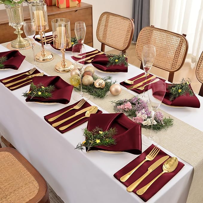 12 Pieces Burgundy Satin Napkins, Silky Soft Smooth Washable Napkins - Image 3