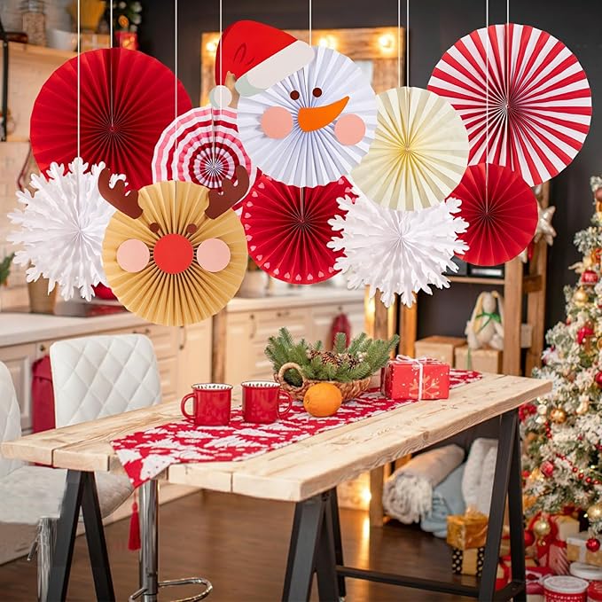 Christmas Hanging Paper Fans Decoration Red White Xmas Snowman Party Ceiling - Image 6