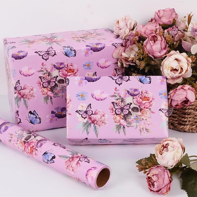 Aimyoo Gothic Wrapping Paper Roll, 17 Inch X 16.5 Feet Skull Floral Butterfly - Image 5
