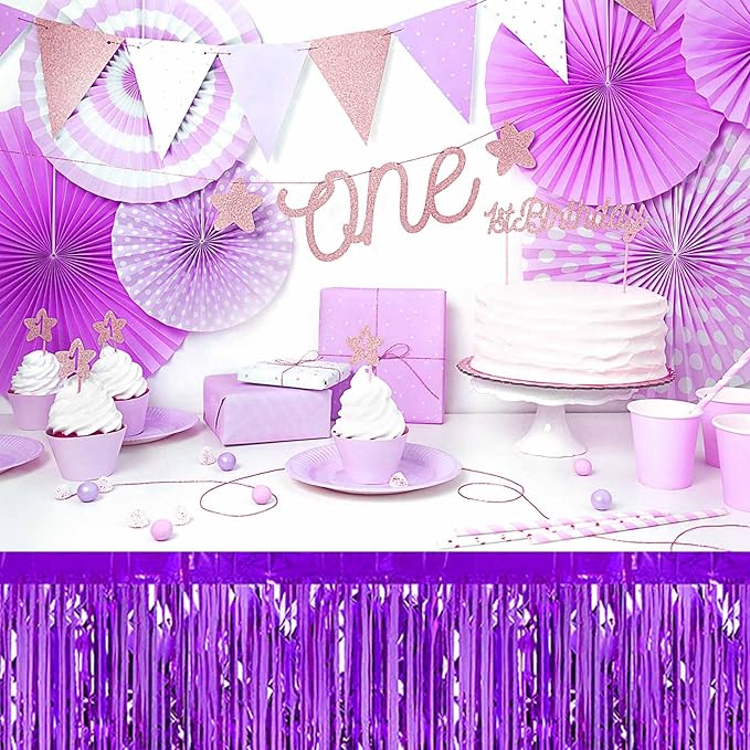 3 Pack 29 x108 Inch Purple Foil Fringe Table Skirts Metallic Banner - Image 7