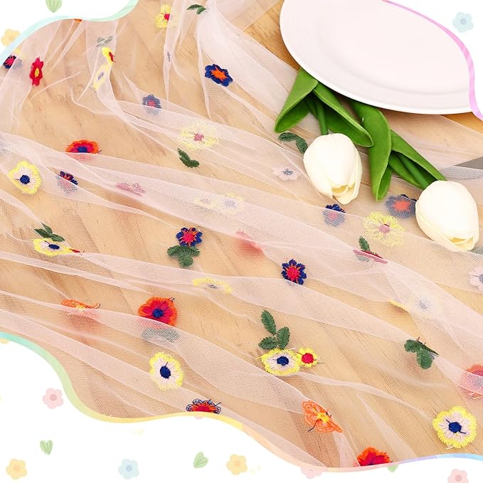 BINBE 3pcs Ivory Daisy Fall Table Runner Embroidery Gauze 10FT Florals Seasonal - Image 5