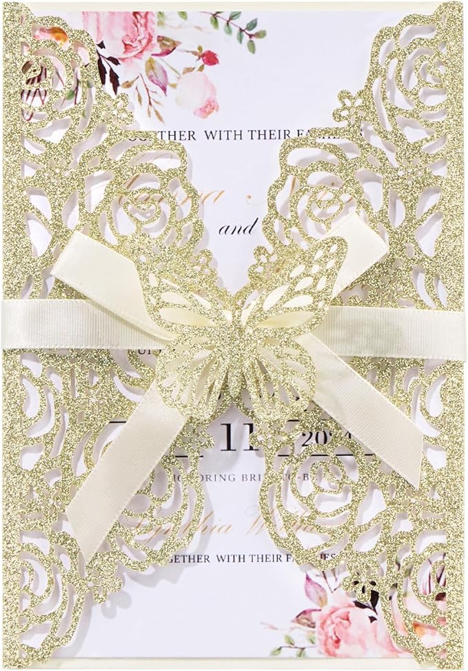 50PCS Gold Glitter Laser Cut Wedding Invitation by Maffily