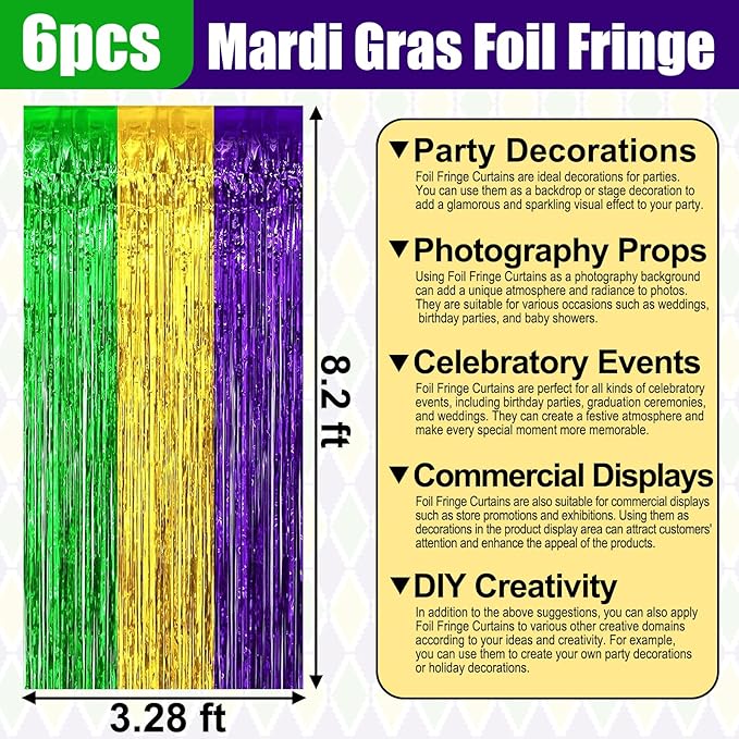 6 Pack Gold Green Purple Foil Fringe Curtain Backdrop, 3.28Ft x 8.2Ft Metallic - Image 2