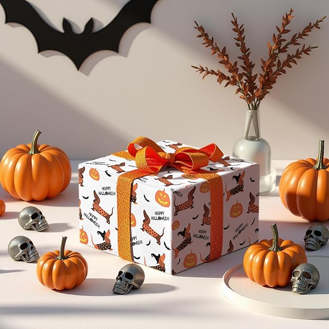 LeZakaa Halloween Dachshund Wrapping Paper Roll, Cute Dachshund Dogs - Image 2
