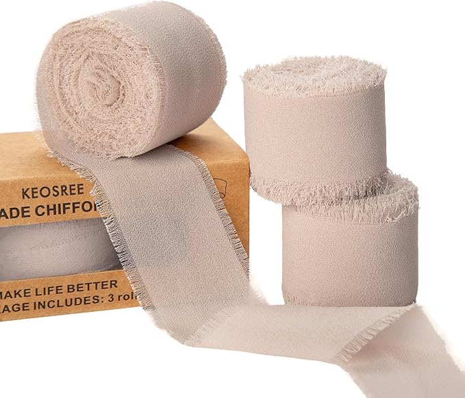 3 Rolls Light Nude Handmade Chiffon Ribbon, 1.5" x 21Yd Light Khaki Frayed by KEOSREE