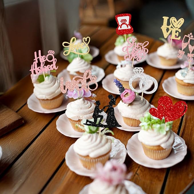 Ephlyn 30Pcs He Asked She Said Yes Cupcake Toppers Glitter Engagement Cupcake - Image 6
