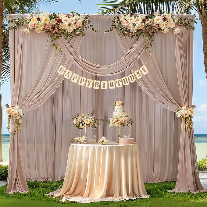 10ft x 10ft Taupe Backdrop Curtain Drapes, Wrinkle-Free Sheer Chiffon Fabric - Image 7