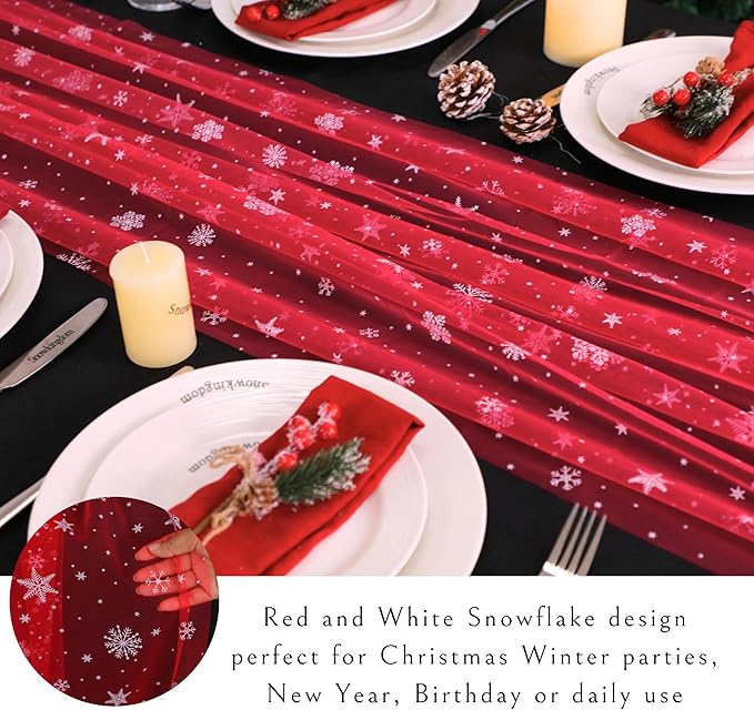 Snowkingdom Red Christmas Table Runner, Chiffon Gauze Seasonal Winter Kitchen - Image 2
