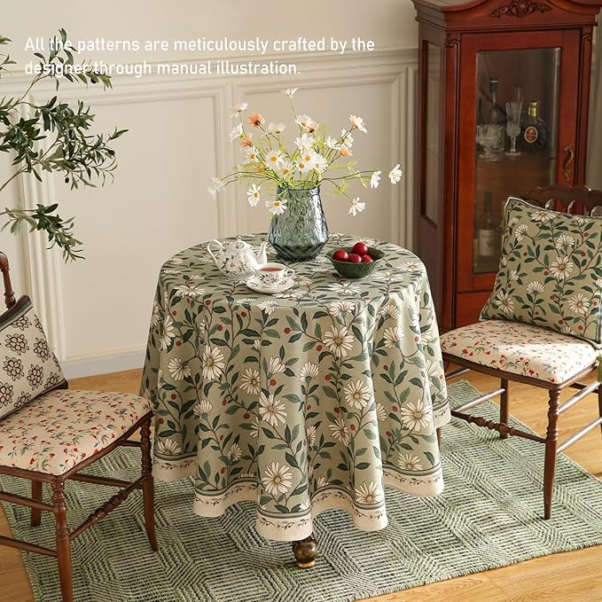 ISAENNE Designer Green Linen Round Tablecloth, Floral French Country Indoor - Image 5