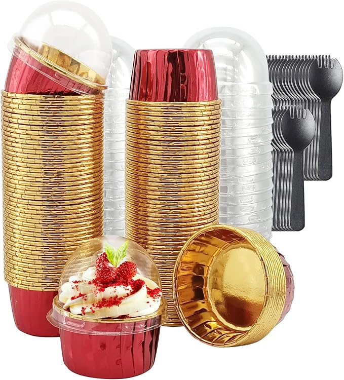 Foil Cupcake Liners with Dome Lids 100Pack, Free-Air 3.5Oz Cups by Free-Air