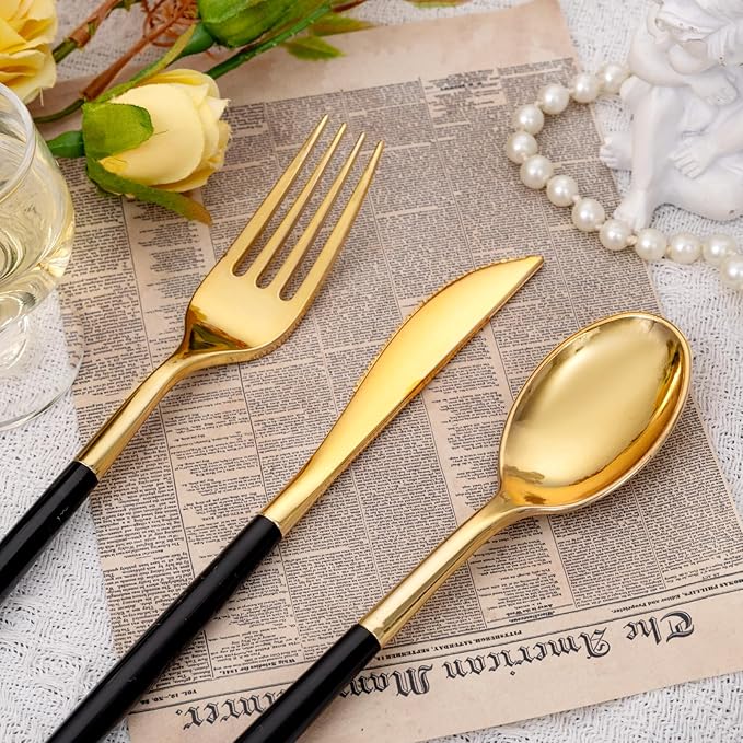 SUT Gold Plastic Silverware Forks and Spoons Disposable, 80 Gold Plastic Forks - Image 3