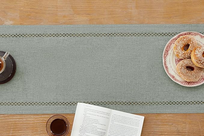 Burlap Style Farmhouse Table Runner, 13 x 48 Inch Grey, Rustic Geometric Hollow - Image 2