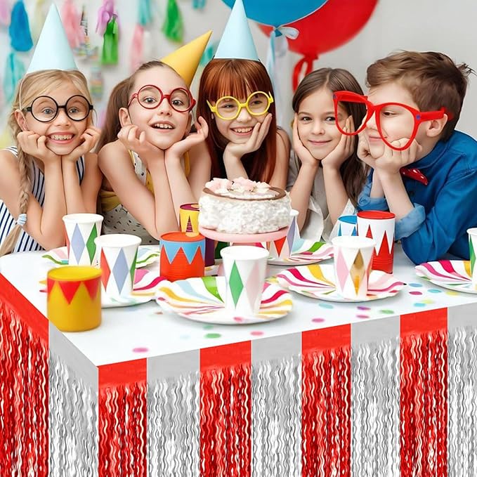 6 Pack 29x108 Inch Red Silver Wave Foil Fringe Table Skirts Metallic Banner - Image 5