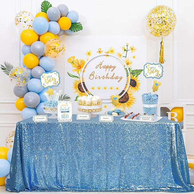 QueenDream Baby Blue Sequin Tablecloth 90x156 Inch Glitter Table Cloth - Image 3