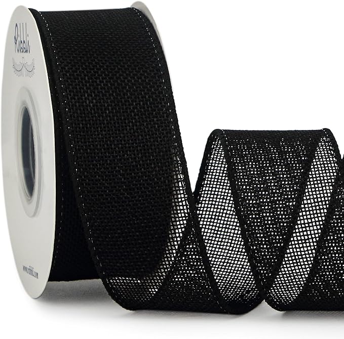 Ribbli Black Burlap Wired Ribbon, 1-1/2 Inch x 10 Yard, Wired Edge Ribbon by Ribbli