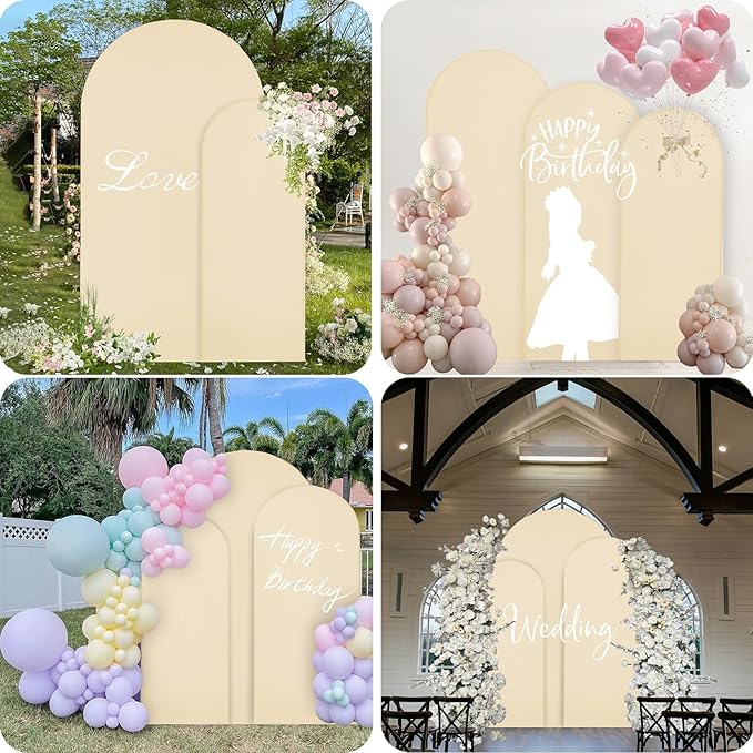 WEERRW Beige Arch Backdrop Cover Set of 2 Spandex Fitted Round Top Chiara - Image 7