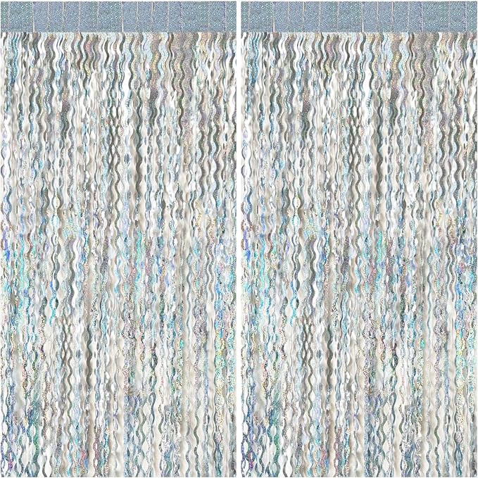 2 Pack Silver Backdrop Curtain Tinsel Streamers Sparkle Metallic Wavy Foil by BOMSI