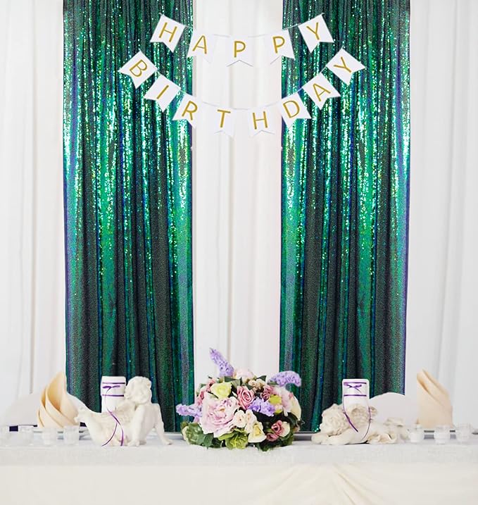 ShinyBeauty Sequin Backdrop 4 Pieces Iridescent Green Sequin Curtains Panels - Image 2