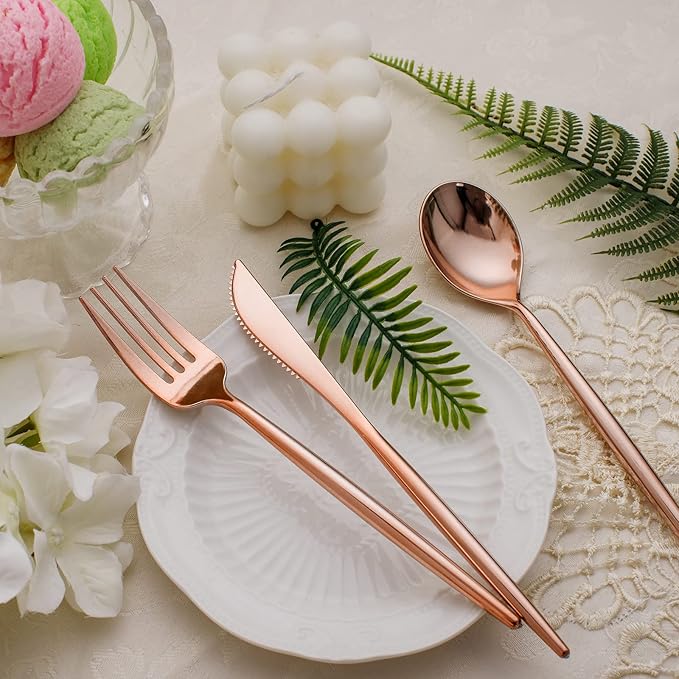 SUT 150Pcs Rose Gold Plastic Silverware, Disposable Cutlery Set, Heavy Duty - Image 5